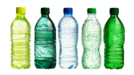 Vibrant collection of colorful plastic bottles arranged in a row, spectrum of reusable hydration solutions.