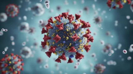 A microscopic view of coronavirus cells floating in a blue fluid environment, detailed render - Powered by Adobe