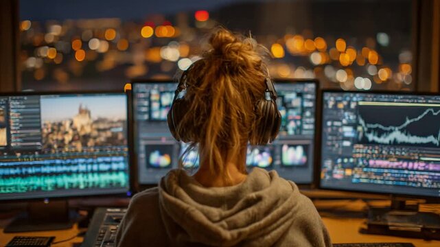 A person, back to camera, wears headphones & works on 3 monitors displaying graphic-intensive tasks. City lights in bokeh are visible outside a window - Powered by Adobe