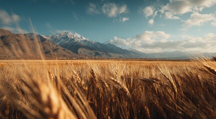 Golden wheat field foregrounding a snow-capped mountain range under a partly cloudy sky