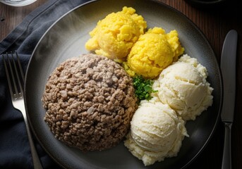 Traditional scottish haggis with neeps and tatties on a plate for a burns night dinner