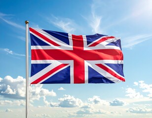A Union Jack flag billows in a bright blue sky, partially obscured by fluffy white clouds