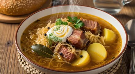 Traditional polish kwasnica soup with sauerkraut, smoked ribs and potatoes in a rustic bowl