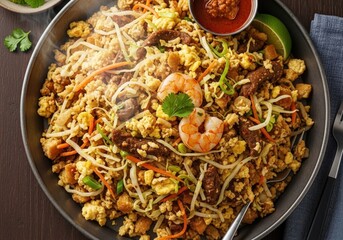 Traditional sri lankan kottu roti with shrimp beef and egg on a dark plate for dinner