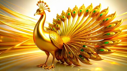 Golden peacock displays vibrant feathers in a dazzling light setting, creating a striking visual spectacle