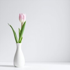 Single Pink Tulip in White Vase Placed on Clean White Surface with Gentle Lighting