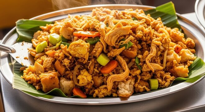 Delicious sri lankan kottu roti with chicken and vegetables served steaming hot on a banana leaf
