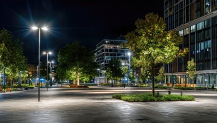 Night cityscape, empty plaza, modern buildings, trees, streetlights