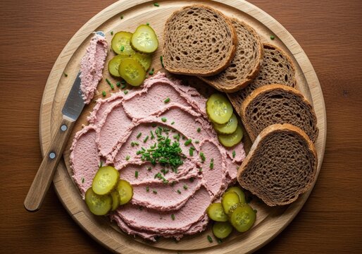 Delicious homemade liverwurst pate spread on a wooden board with bread pickles and chives