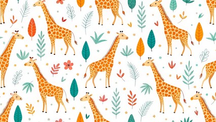 Giraffes roaming among colorful leaves and flowers in a playful woodland pattern