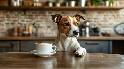 A small dog sits at a wooden table in a kitchen or café setting with a cup of cappuccino in front. Comical and cozy domestic scene. Morning coffee mood. - Powered by Adobe