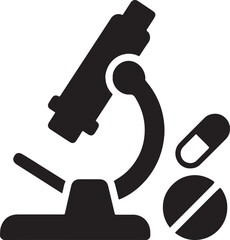 Silhouette vector EPS of microscope with tablets, scientific research icon for medical and pharmaceutical studies.