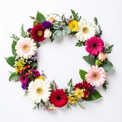 Fototapeta premium Colorful Flower Wreath with Gerbera Daisies and Green Leaves on White Background