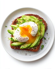 ceramic plate with avocado toast and poached egg, isolated on white