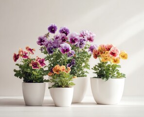 Colorful pansies in white pots, sunny day