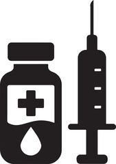 Silhouette vector EPS of a vaccine vial with needle, medical injection symbol, health and immunization.