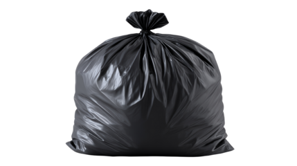 A black garbage bag filled with waste, isolated on a white background.
