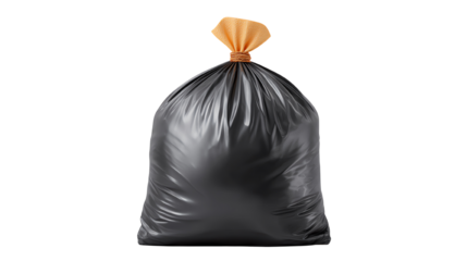 A black garbage bag filled with waste, featuring a secure orange tie, isolated on a white background.