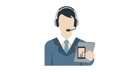 Customer service representative with a headset offering online support via video call on a tablet
