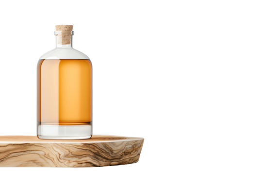 A bottle of whiskey sits elegantly on a wooden surface, showcasing its amber color and unique design.