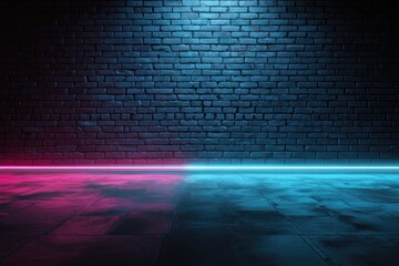 Neon glow illuminates a dark brick wall and floor