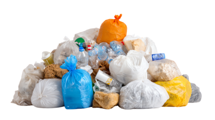 A chaotic pile of colorful trash bags, representing waste and pollution issues. Ideal for environmental awareness projects.