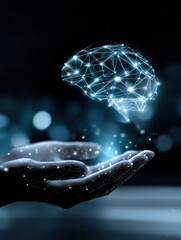 Illuminated Brain Held in Hand Against Dark Background Symbolizing Knowledge and Creativity in a Mysterious and Thought Provoking Atmosphere