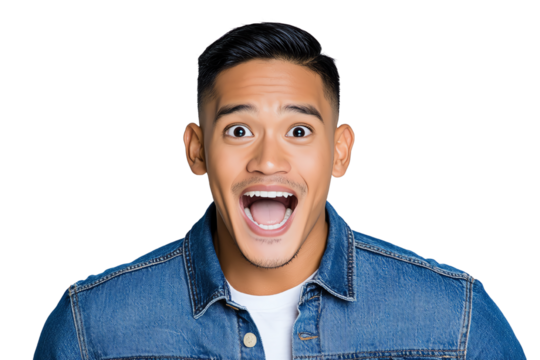 A cheerful young man smiles widely, showcasing excitement and enthusiasm against a white background.