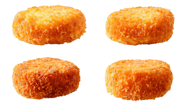 Closeup of four goldenbrown crispy fried food pieces on a plate, delicious culinary treat.