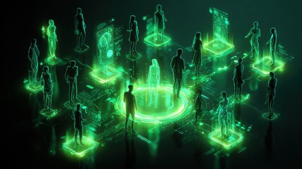 Diverse Group of Individuals Standing Together in Front of an Illuminating Green Light Creating a Dynamic and Engaging Scene of Unity and Togetherness