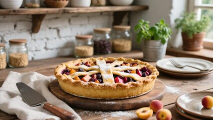 Freshly baked lattice-top pie filled with apricots and berries sits on a wooden board in a rustic kitchen setting. Natural light and warm atmosphere. Homemade dessert. - Powered by Adobe
