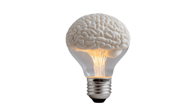 A creative light bulb design featuring a brain, symbolizing ideas and innovation, on a white isolated background. - Powered by Adobe