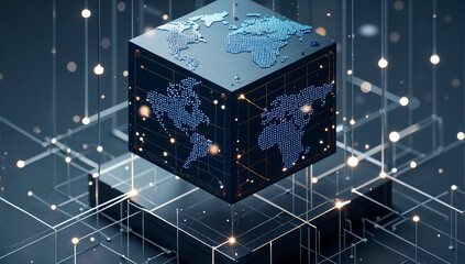 A glowing cube displaying a world map floats above a digital network grid. This image represents global connectivity, data analysis, or worldwide technology infrastructure. Ideal for themes like inter