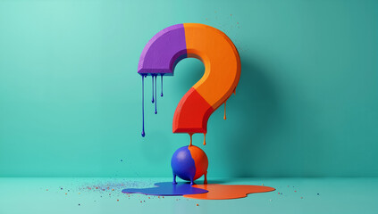 A vibrant, colorful question mark appears to be melting or dripping onto a teal background. This playful image symbolizes curiosity, inquiry, problem-solving, and the search for answers. Ideal for con