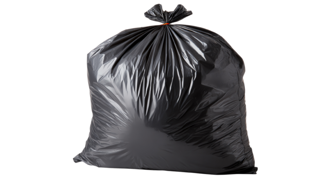 A full black garbage bag, isolated on a white background, symbolizing waste management and environmental concerns.