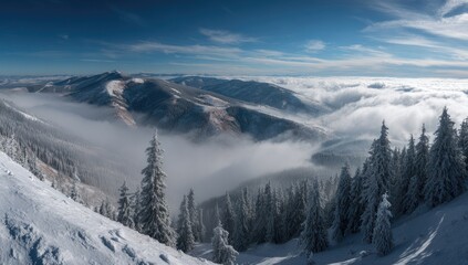 Obraz premium Snowy mountain peak overlooks a sea of clouds and a snow-covered forest