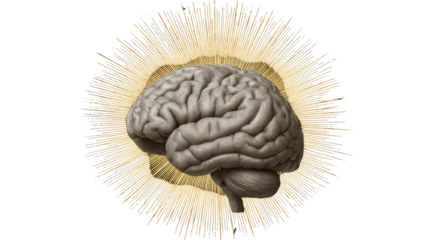 A human brain with an explosion of golden rays, symbolizing ideas, creativity, and enlightenment on a dark background.