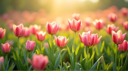 Obraz premium Soft Focus Pink Tulips in Golden Hour Sunlight