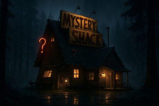 The Mystery Shack Stands Illuminated Amidst a Dark Forest, an Eerie and Enigmatic Destination in the Lonely Wilderness