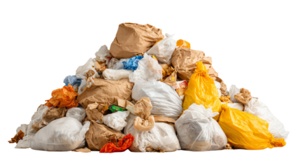 A pile of assorted trash bags showcasing waste management challenges on a white isolated background.