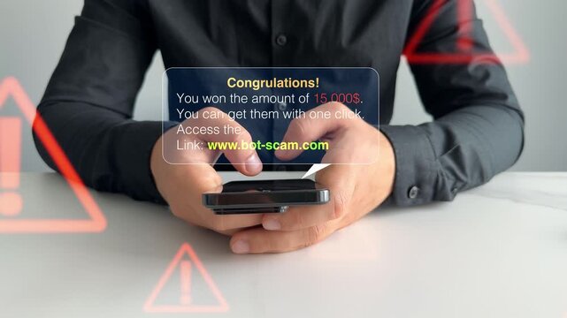 Bank fraud through phone messages.Businessman holding phone with scam message on digital screen. Fake text SMS scam.Scammers online.Cyber scam.	