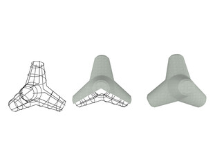 Detailed 3D models of a tetrapod breakwater unit, illustrating its design from wireframe to solid form, essential for coastal defense and marine engineering projects. High-resolution render on a PNG