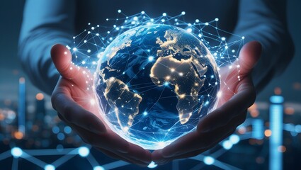 Futuristic Hands Holding Glowing Digital Globe with Global Network and AI Hologram Elements.