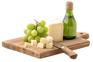 Naklejka premium A serving of cheese, fresh grapes, and a bottle of olive oil on a wooden cutting board.