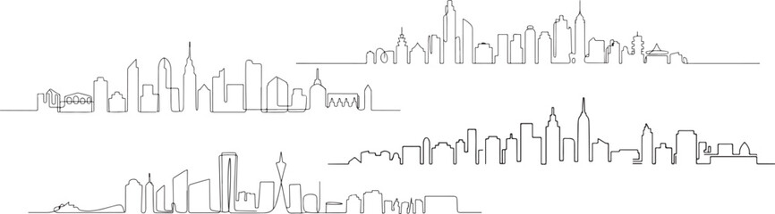 Fototapeta premium Minimalist line drawing depicting multiple city skylines against a white background landscape view