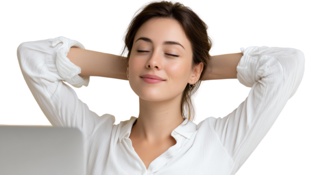 A relaxed woman enjoying a moment of peace while sitting at her desk, with a laptop in front, exuding calm and contentment. - Powered by Adobe