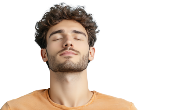 A serene young man with closed eyes, embodying relaxation and tranquility on a white background.