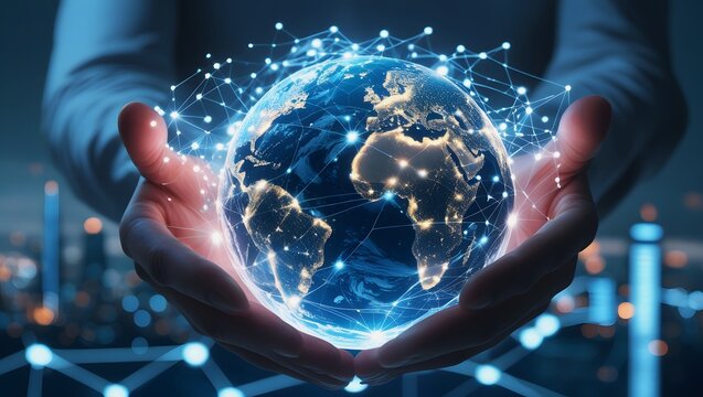 Futuristic Hands Holding Glowing Digital Globe with Global Network and AI Hologram Elements.