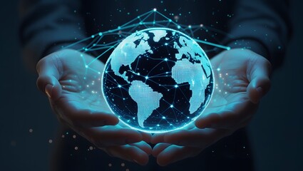 Futuristic Hands Holding Glowing Digital Globe with Global Network and AI Hologram Elements.