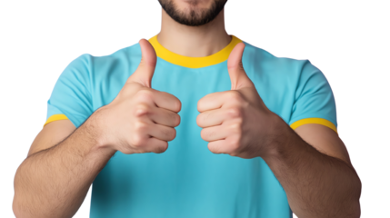 A young man showing thumbs up with a joyful expression, symbolizing approval and positivity.